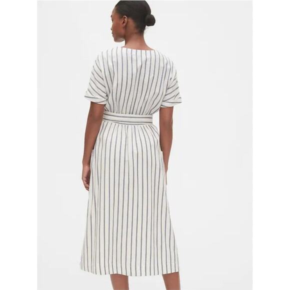 GAP Cotton Linen Blend Short Sleeve Wrap-Front Blue Stripe Dress Women's Size 16 - Picture 2 of 7